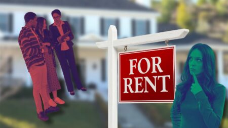 A picture of a woman in front of a for rent sign with tenants standing behind it to represent must-have landlord tech tools.