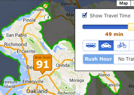 Walk Score widget shows travel times during rush hour
