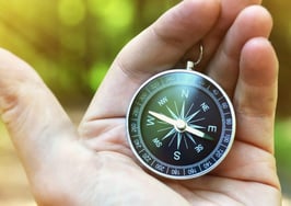A hand holding a compass in the woods
