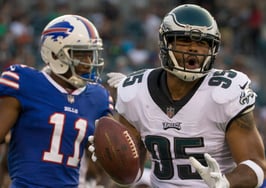 Mychal Kendricks #95 of the Philadelphia Eagles reacts in front of Zay Jones #11 of the Buffalo Bills