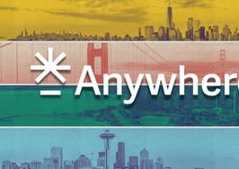 A background of various cities in several colors with the Anywhere Real Estate logo over the top of it to signify the rise and fall of Anywhere Real Estate.