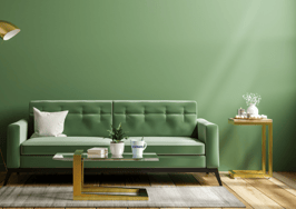 A green couch in front of a green wall in a beautifully staged room to illustrate how to overcome seller home staging objections.