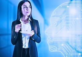 A business woman standing next to a high-tech outline of a face to symbolizing the beginner’s guide to AI for real estate agents.