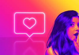 A woman who appears to be telling a secret over an Instagram-themed background to represent Instagram algorithm tips 2025.