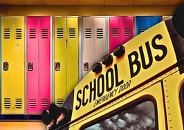 A school bus in front of lockers to represent the seven lessons every real estate agent needs.