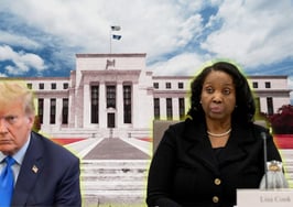 President Trump and Fed Governor Lisa Cook in front of a photo of the Federal Reserve Bank
