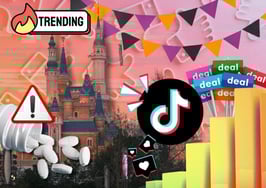 Collage showing TikTok logo, Disney castle, medicine pills with warning symbol, cartoon banana, deal signs and Halloween bunting on a background of like/dislike icons and colorful bar graphs — representing a mix of brand controversies, platform control, seasonal marketing and viral trends.