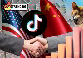 Illustration of U.S. and China flags with a handshake in front, the TikTok logo centered, a doge meme image in the background and a bar chart rising on the right, symbolizing the TikTok Oracle deal, meme culture and shifting social media metrics.