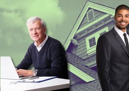 An older man sitting in front of the computer and a younger man in front of a house to represent succession strategy in real estate.