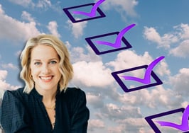 A picture of a woman and a checklist over a cloudy sky with the list being checked off to represent the woman's 8-step buyer plan: buyer intake plan, commission conversation, buyer home financing process, Education Day, guiding first-time buyers during home inspection, escrow process