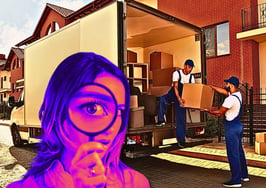 woman with spyglass and movers loading truck