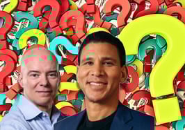 An image of the Compass CEO Robert Reffkin and the Anywhere CEO Ryan Schneider in front of a wall of question marks to symbolize this Compass-Anywhere merger FAQ.
