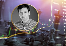Opendoor CEO Kaz Nejatian with a stylized image of chess pieces and a rising stock graph