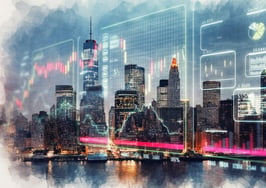 Financial graph superimposed over a photo of a city skyline