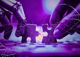 Real estate agent using digital tools with AI interface overlay, symbolizing collaboration between humans and artificial intelligence in real estate.