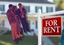 A picture of a woman in front of a for rent sign with tenants standing behind it to represent must-have landlord tech tools.