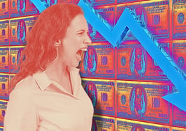 A woman staring at a wall of cash with a downward arrow to symbolize recession tips for real estate agents.
