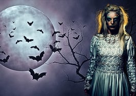 An image of a creepy girl standing in front of a full moon with bats flying overhead to represent real estate monsters.