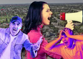 An angry man and a woman shouting through a megaphone to symbolize how selective outrage impacts lead generation in real estate.