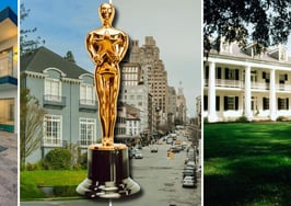 An image of the "Gone with the Wind" home, the "Parasite" house, and an Academy Award to represent Oscar-winning real estate movies.