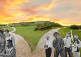 An image of a fork in the road and a team on each road to represent joining a real estate team.