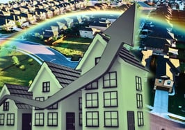 Aerial view of suburban homes with an upward arrow, symbolizing a housing market recovery