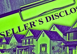 Real estate disclosure training represented by a clipboard with the words "seller's disclosure" behind homes in a neighborhood.