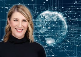 An image of Marci James in front of a matrix-type image to represent AI tools for real estate agents.