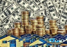 Homes with coins and money stacked on top to represent that advertising your volume is a real estate agent marketing mistake that'll cost you profitability.