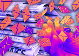 Email icons over a stack of newspapers to represent real estate client email.