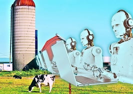 an image of robots in front of a silo on a farm to represent AI neighborhood farm.