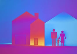 Graphic of people standing in front of a house for a story on the Capital One homeownership initiative