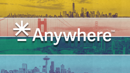 A background of various cities in several colors with the Anywhere Real Estate logo over the top of it to signify the rise and fall of Anywhere Real Estate.