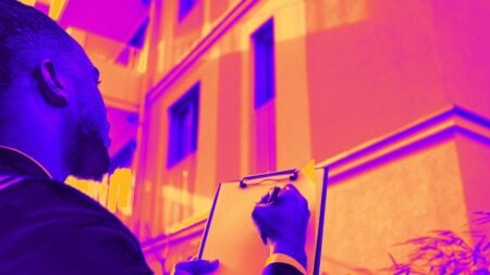 A man going through a checklist outside of a home to illustrate creating a seller safety plan.