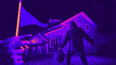 A dark manly figure outside of a house with a red flag and a hand using an app to symbolize real estate safety tools.