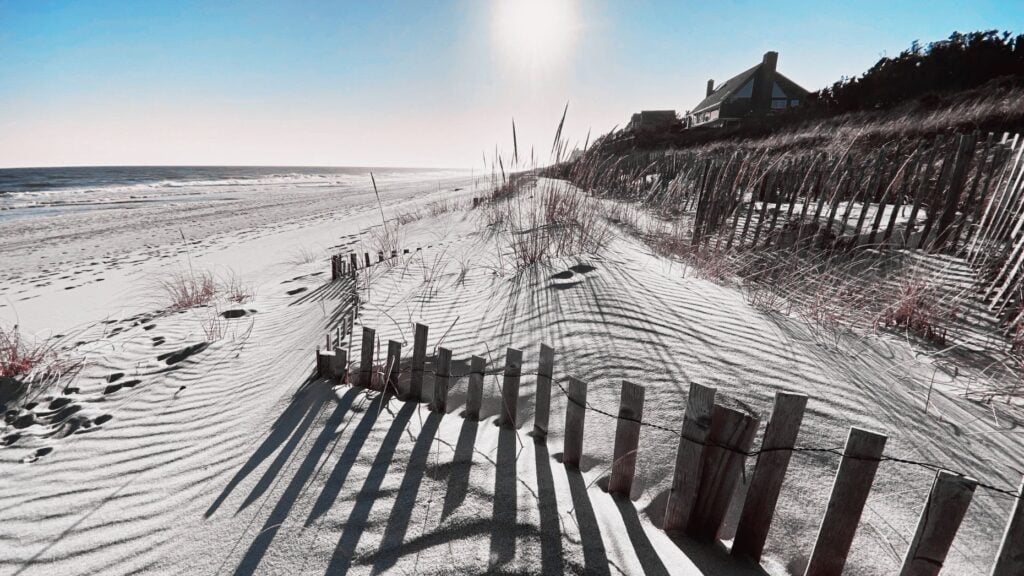 Sand dunes and a house on a beach in the Hamptons to symbolize setting where luxury real estate agent bites child