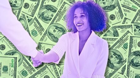 Money in background with people shaking hands as they compete with a discount real estate agent.