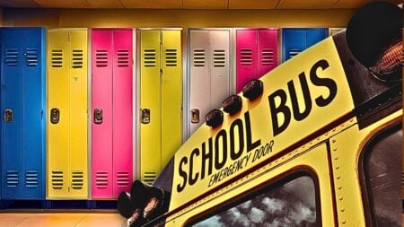 A school bus in front of lockers to represent the seven lessons every real estate agent needs.
