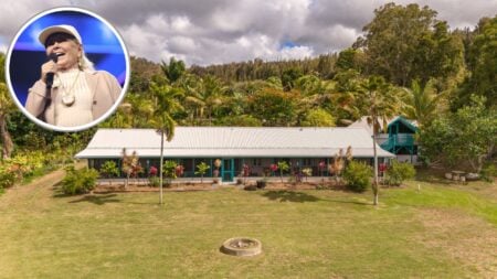 Headshot of Roseanne Barr with her house for sale in Honokaa, Hawaii