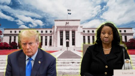 President Trump and Fed Governor Lisa Cook in front of a photo of the Federal Reserve Bank