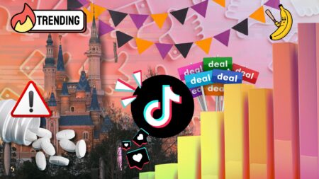 Collage showing TikTok logo, Disney castle, medicine pills with warning symbol, cartoon banana, deal signs and Halloween bunting on a background of like/dislike icons and colorful bar graphs — representing a mix of brand controversies, platform control, seasonal marketing and viral trends.