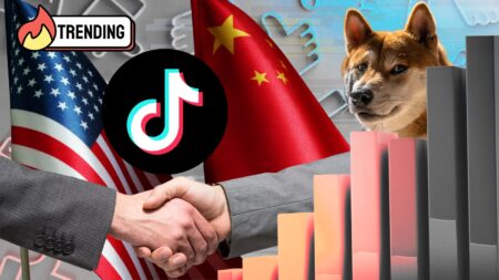 Illustration of U.S. and China flags with a handshake in front, the TikTok logo centered, a doge meme image in the background and a bar chart rising on the right, symbolizing the TikTok Oracle deal, meme culture and shifting social media metrics.