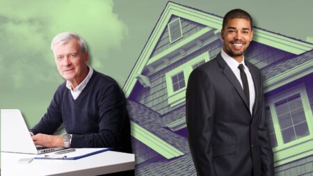 An older man sitting in front of the computer and a younger man in front of a house to represent succession strategy in real estate.