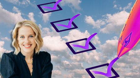 A picture of a woman and a checklist over a cloudy sky with the list being checked off to represent the woman's 8-step buyer plan: buyer intake plan, commission conversation, buyer home financing process, Education Day, guiding first-time buyers during home inspection, escrow process