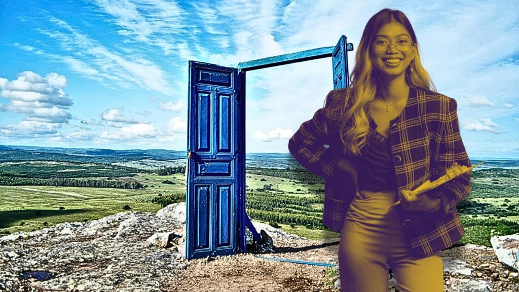 A professional woman standing in front of an open door outline in front of a vast land of opportunity to represent unconventional open house strategies that open up new doors for real estate agents.