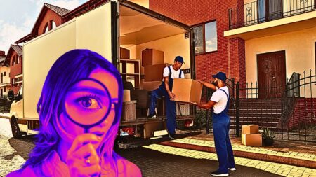 woman with spyglass and movers loading truck