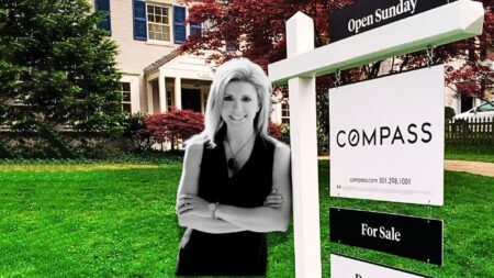 Cara Ameer and Compass lawn sign for Compass Anywhere merger questions