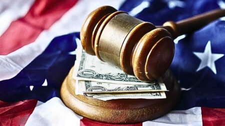 gavel and American flag with money