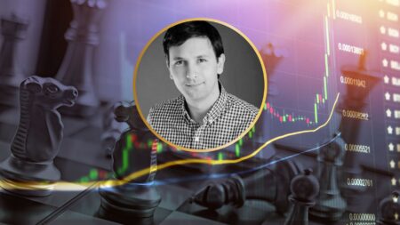 Opendoor CEO Kaz Nejatian with a stylized image of chess pieces and a rising stock graph