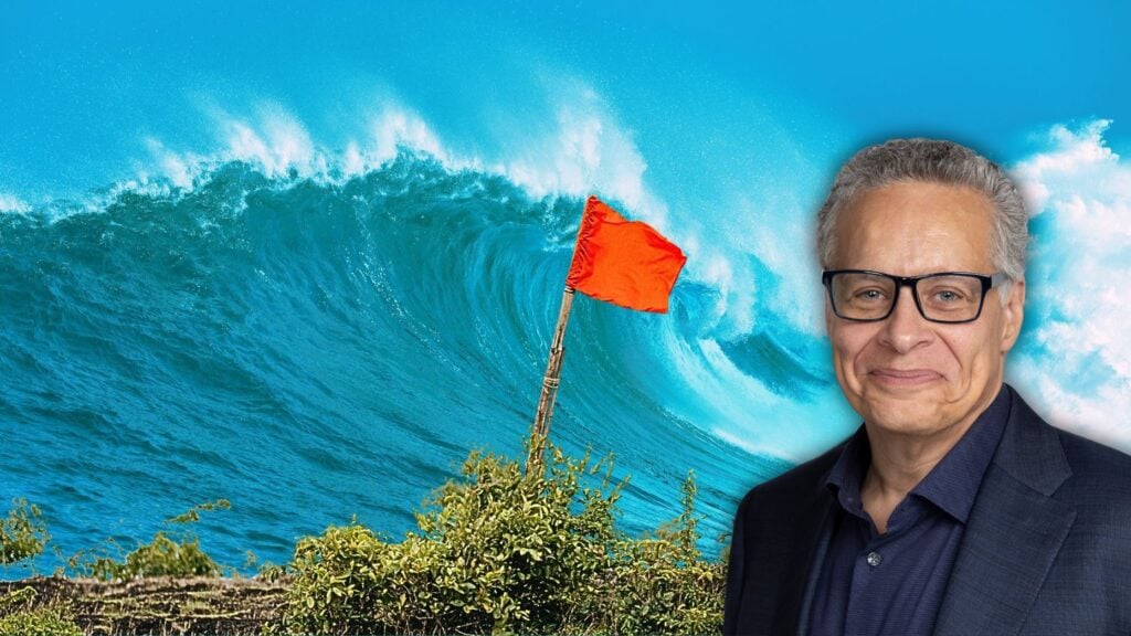 A picture of a huge tidal wave with Darryl Davis' photo, who's talking about seven red flags to watch for and tactical tips to help you fix a struggling real estate business.